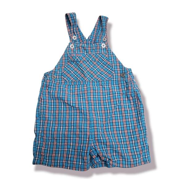 Old Navy Baby Blue & Orange Plaid Overall Shorts - Size 18-24 Months - Picture 1 of 3